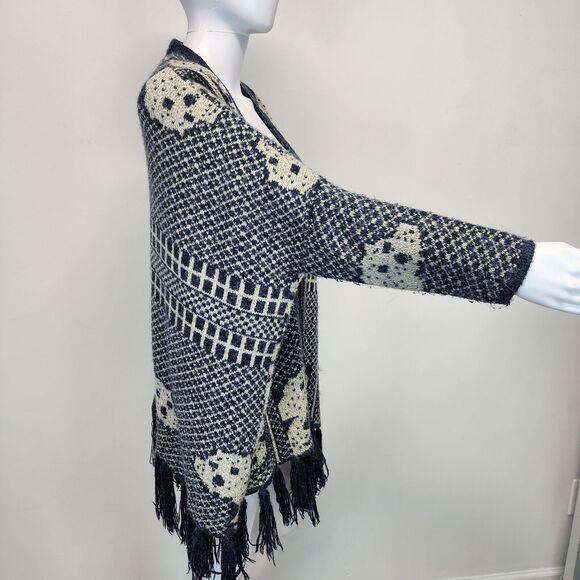 En Ceme Fringe Cardigan Poncho Sweater Size M Relaxed Fit Blue Long Sleeve Boho - Picture 4 of 16